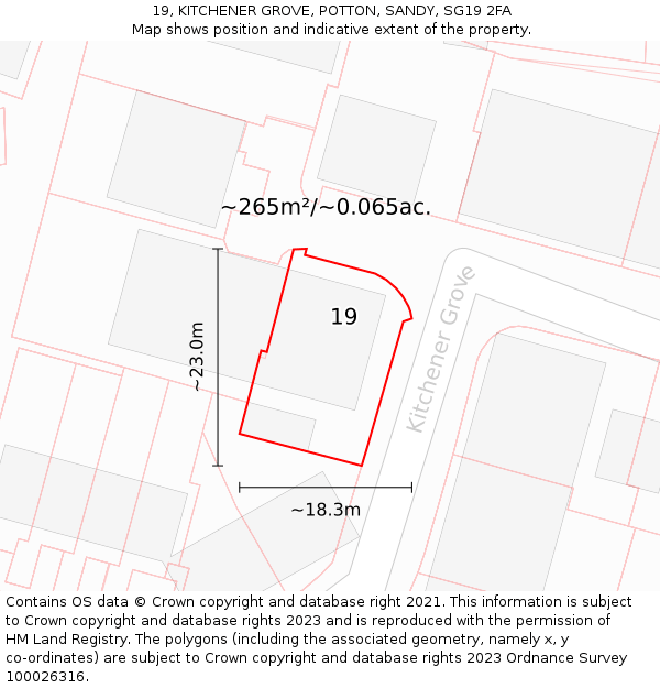 19, KITCHENER GROVE, POTTON, SANDY, SG19 2FA: Plot and title map