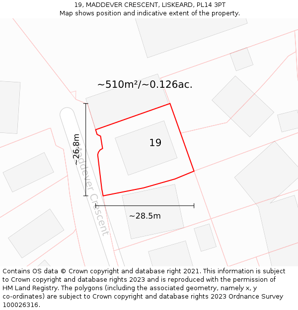 19, MADDEVER CRESCENT, LISKEARD, PL14 3PT: Plot and title map