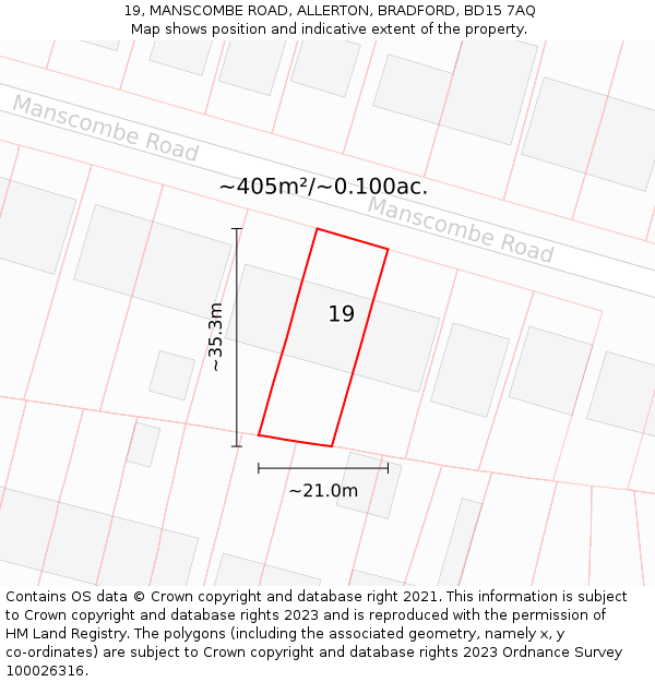 19, MANSCOMBE ROAD, ALLERTON, BRADFORD, BD15 7AQ: Plot and title map