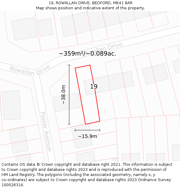 19, ROWALLAN DRIVE, BEDFORD, MK41 8AR: Plot and title map