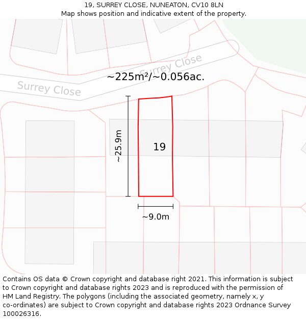 19, SURREY CLOSE, NUNEATON, CV10 8LN: Plot and title map