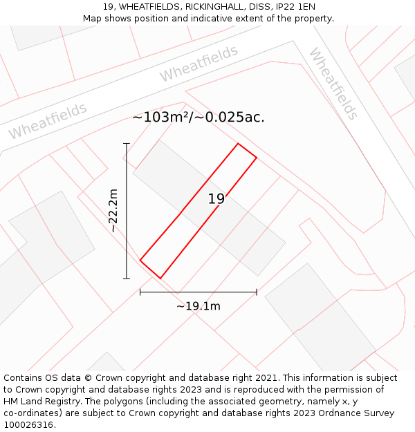 19, WHEATFIELDS, RICKINGHALL, DISS, IP22 1EN: Plot and title map