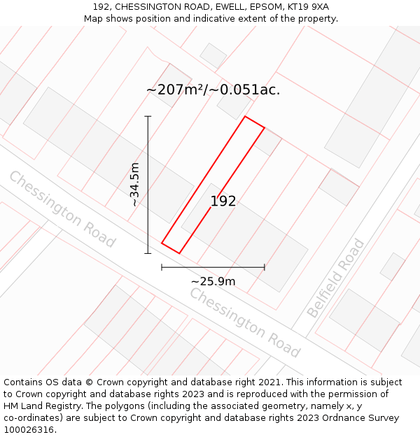 192, CHESSINGTON ROAD, EWELL, EPSOM, KT19 9XA: Plot and title map