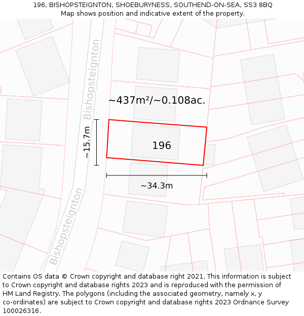 196, BISHOPSTEIGNTON, SHOEBURYNESS, SOUTHEND-ON-SEA, SS3 8BQ: Plot and title map