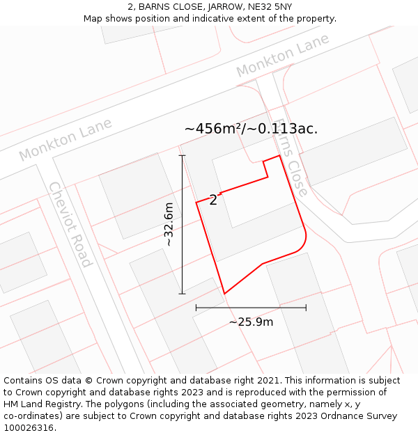 2, BARNS CLOSE, JARROW, NE32 5NY: Plot and title map