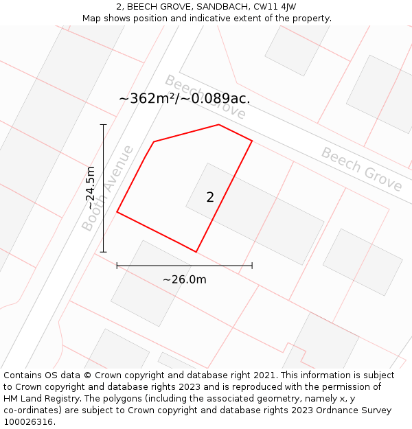 2, BEECH GROVE, SANDBACH, CW11 4JW: Plot and title map