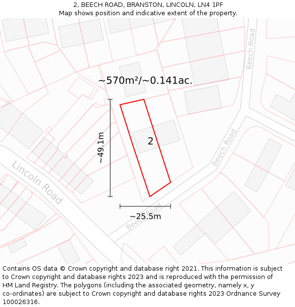 2, BEECH ROAD, BRANSTON, LINCOLN, LN4 1PF: Plot and title map