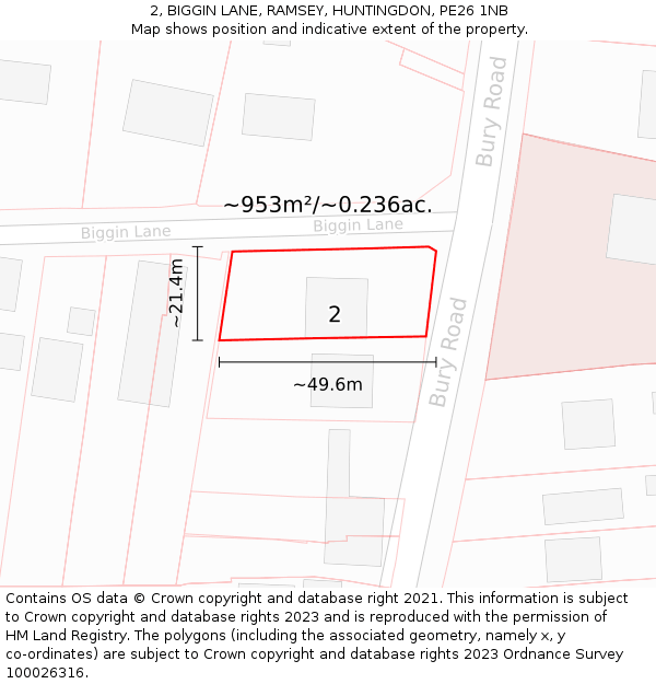 2, BIGGIN LANE, RAMSEY, HUNTINGDON, PE26 1NB: Plot and title map