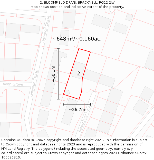 2, BLOOMFIELD DRIVE, BRACKNELL, RG12 2JW: Plot and title map