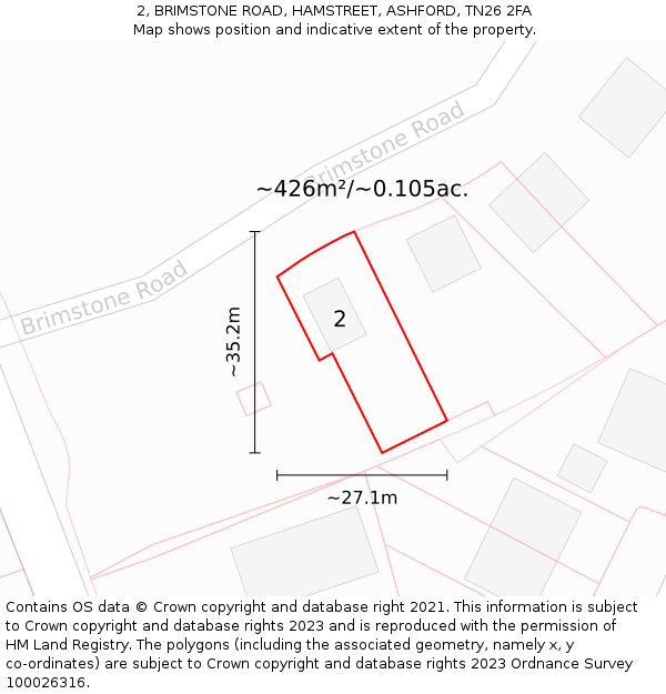 2, BRIMSTONE ROAD, HAMSTREET, ASHFORD, TN26 2FA: Plot and title map