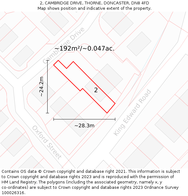2, CAMBRIDGE DRIVE, THORNE, DONCASTER, DN8 4FD: Plot and title map