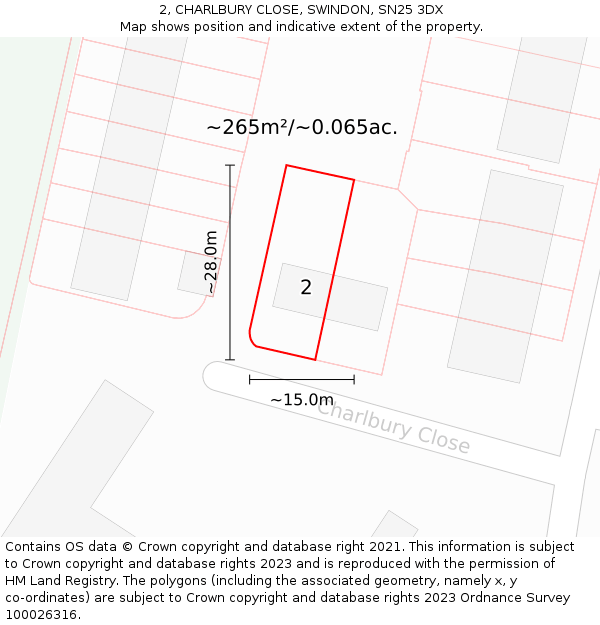 2, CHARLBURY CLOSE, SWINDON, SN25 3DX: Plot and title map