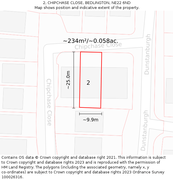 2, CHIPCHASE CLOSE, BEDLINGTON, NE22 6ND: Plot and title map