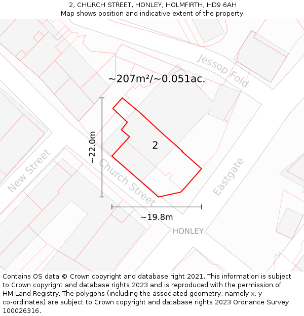 2, CHURCH STREET, HONLEY, HOLMFIRTH, HD9 6AH: Plot and title map