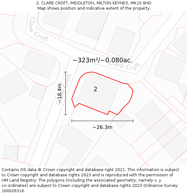 2, CLARE CROFT, MIDDLETON, MILTON KEYNES, MK10 9HD: Plot and title map