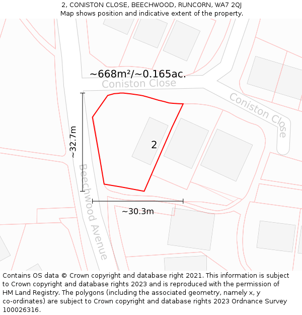 2, CONISTON CLOSE, BEECHWOOD, RUNCORN, WA7 2QJ: Plot and title map