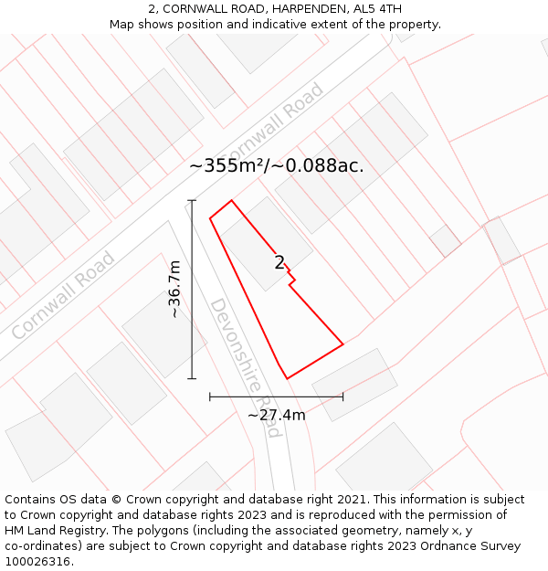 2, CORNWALL ROAD, HARPENDEN, AL5 4TH: Plot and title map
