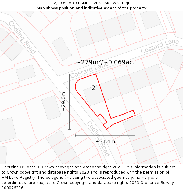 2, COSTARD LANE, EVESHAM, WR11 3JF: Plot and title map