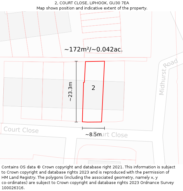 2, COURT CLOSE, LIPHOOK, GU30 7EA: Plot and title map