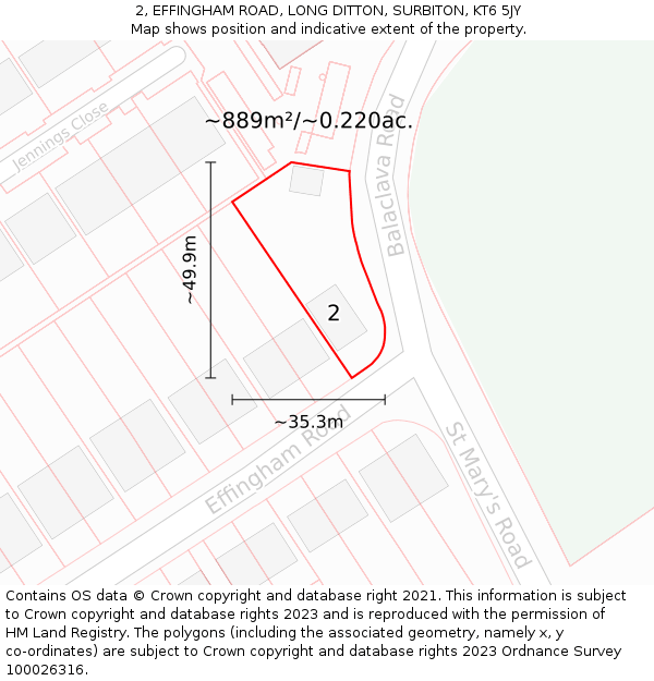 2, EFFINGHAM ROAD, LONG DITTON, SURBITON, KT6 5JY: Plot and title map