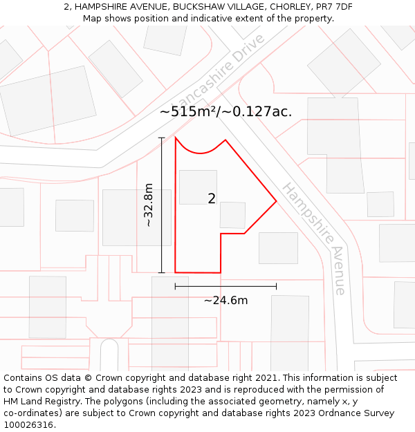 2, HAMPSHIRE AVENUE, BUCKSHAW VILLAGE, CHORLEY, PR7 7DF: Plot and title map