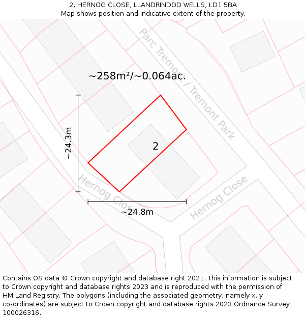 2, HERNOG CLOSE, LLANDRINDOD WELLS, LD1 5BA: Plot and title map