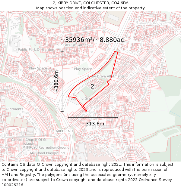 2, KIRBY DRIVE, COLCHESTER, CO4 6BA: Plot and title map