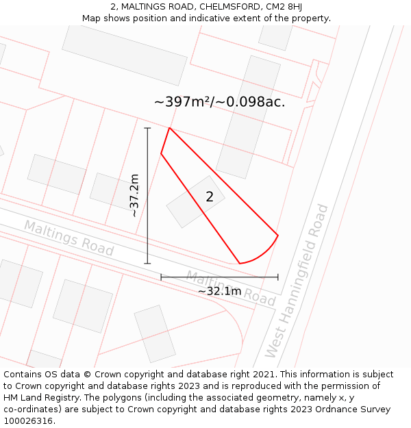 2, MALTINGS ROAD, CHELMSFORD, CM2 8HJ: Plot and title map