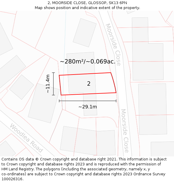 2, MOORSIDE CLOSE, GLOSSOP, SK13 6PN: Plot and title map