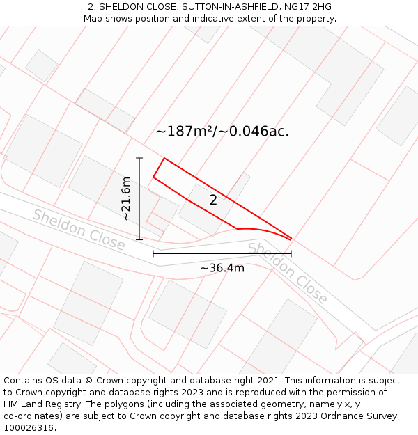 2, SHELDON CLOSE, SUTTON-IN-ASHFIELD, NG17 2HG: Plot and title map