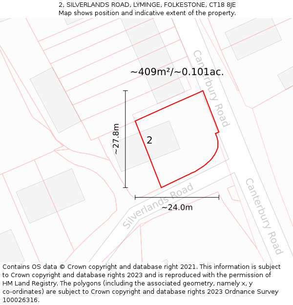 2, SILVERLANDS ROAD, LYMINGE, FOLKESTONE, CT18 8JE: Plot and title map