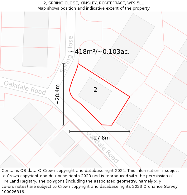 2, SPRING CLOSE, KINSLEY, PONTEFRACT, WF9 5LU: Plot and title map