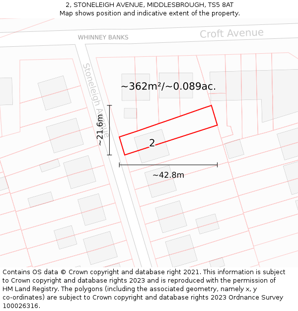 2, STONELEIGH AVENUE, MIDDLESBROUGH, TS5 8AT: Plot and title map