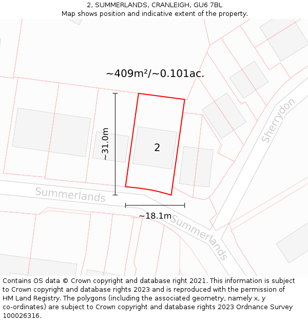 2, SUMMERLANDS, CRANLEIGH, GU6 7BL: Plot and title map