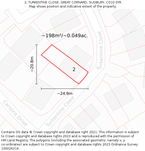 2, TURKENTINE CLOSE, GREAT CORNARD, SUDBURY, CO10 0YR: Plot and title map