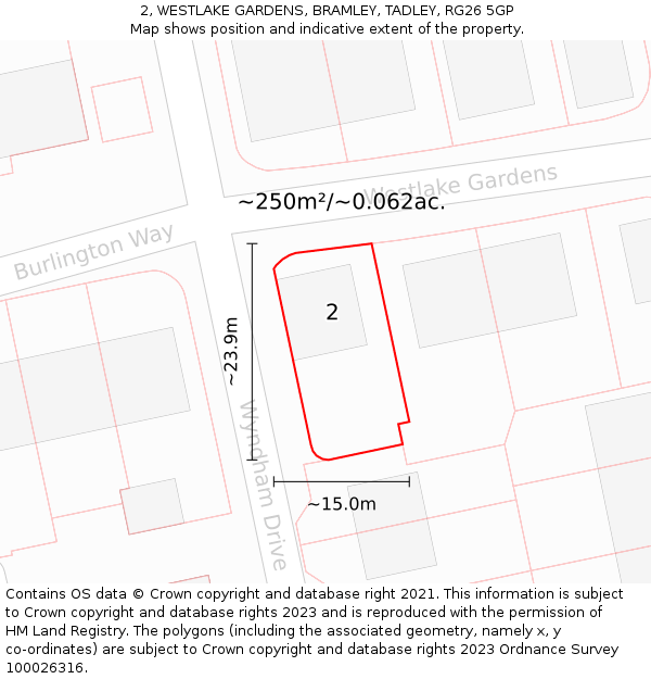 2, WESTLAKE GARDENS, BRAMLEY, TADLEY, RG26 5GP: Plot and title map