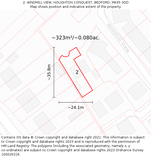 2, WINDMILL VIEW, HOUGHTON CONQUEST, BEDFORD, MK45 3GD: Plot and title map