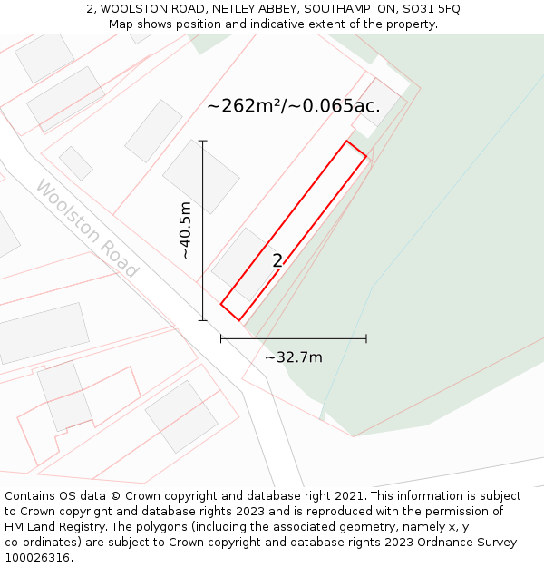 2, WOOLSTON ROAD, NETLEY ABBEY, SOUTHAMPTON, SO31 5FQ: Plot and title map