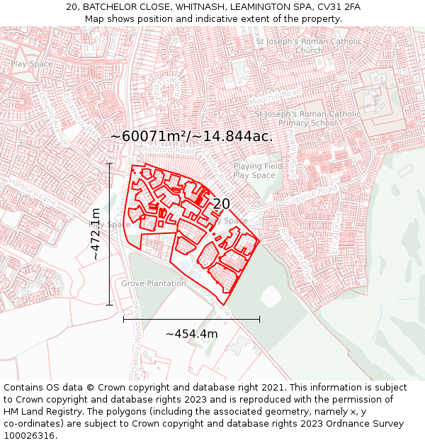20, BATCHELOR CLOSE, WHITNASH, LEAMINGTON SPA, CV31 2FA: Plot and title map