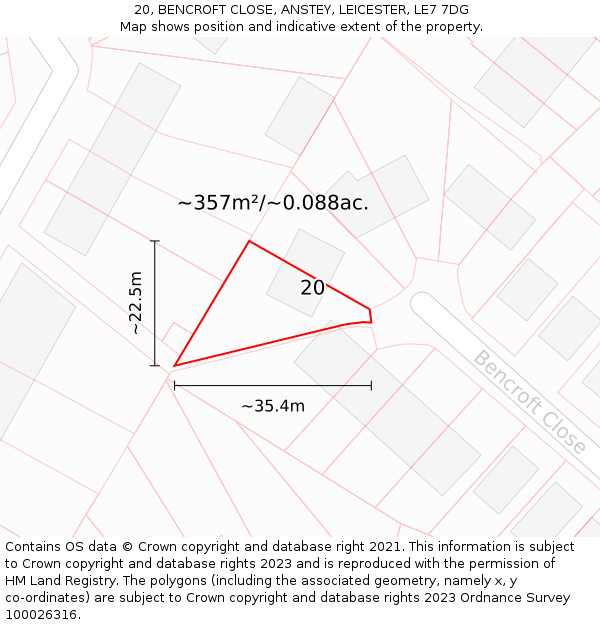 20, BENCROFT CLOSE, ANSTEY, LEICESTER, LE7 7DG: Plot and title map