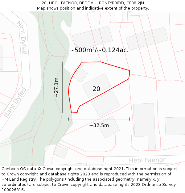 20, HEOL FAENOR, BEDDAU, PONTYPRIDD, CF38 2JN: Plot and title map