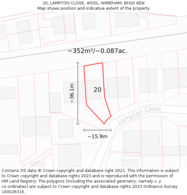 20, LAMPTON CLOSE, WOOL, WAREHAM, BH20 6EW: Plot and title map