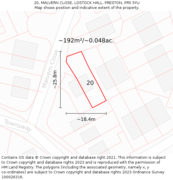 20, MALVERN CLOSE, LOSTOCK HALL, PRESTON, PR5 5YU: Plot and title map