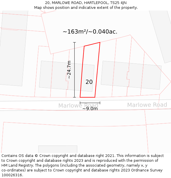 20, MARLOWE ROAD, HARTLEPOOL, TS25 4JN: Plot and title map