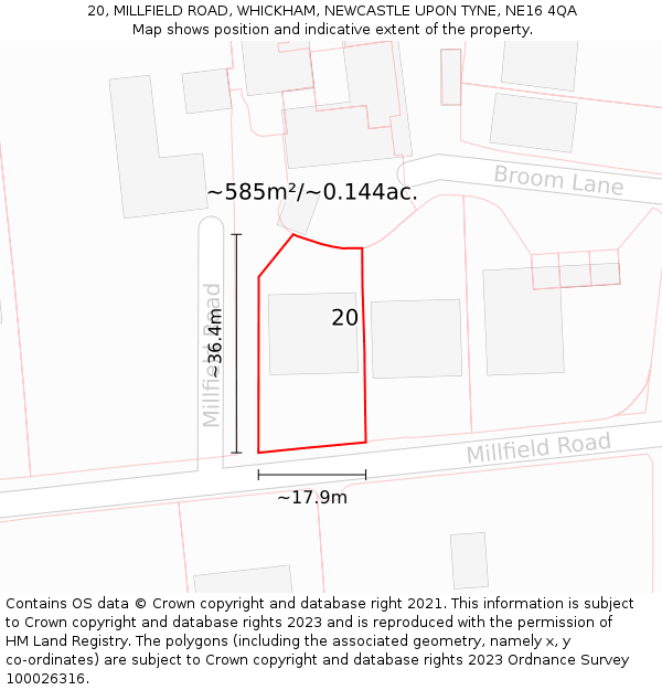 20, MILLFIELD ROAD, WHICKHAM, NEWCASTLE UPON TYNE, NE16 4QA: Plot and title map