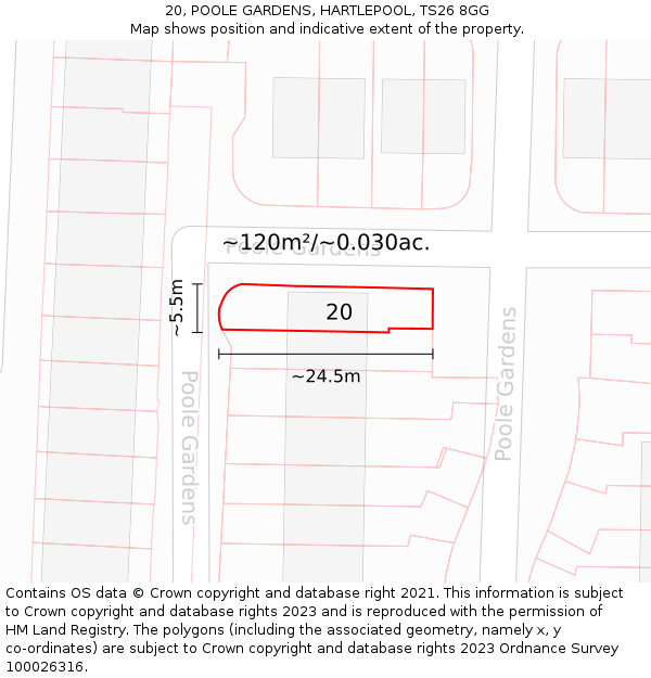 20, POOLE GARDENS, HARTLEPOOL, TS26 8GG: Plot and title map