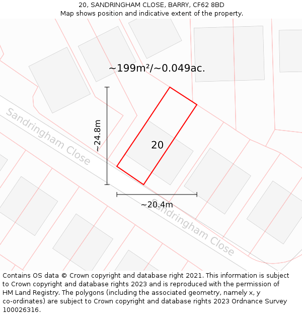 20, SANDRINGHAM CLOSE, BARRY, CF62 8BD: Plot and title map