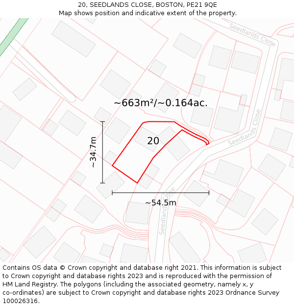 20, SEEDLANDS CLOSE, BOSTON, PE21 9QE: Plot and title map