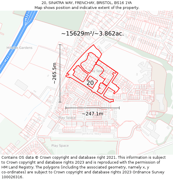 20, SINATRA WAY, FRENCHAY, BRISTOL, BS16 1YA: Plot and title map