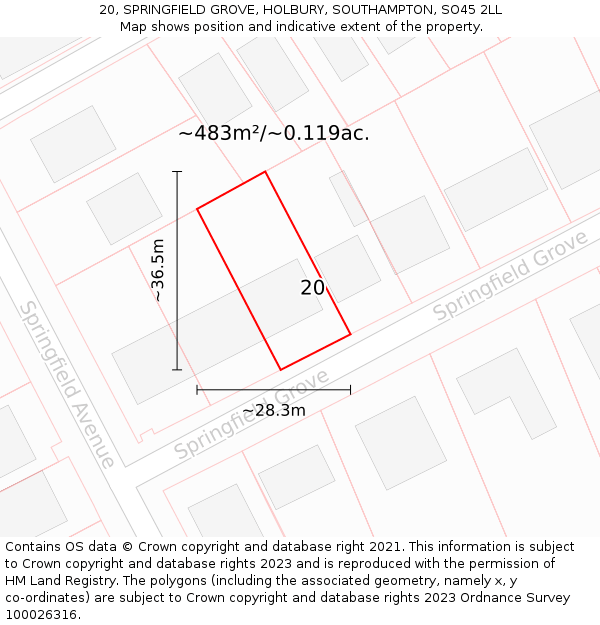20, SPRINGFIELD GROVE, HOLBURY, SOUTHAMPTON, SO45 2LL: Plot and title map